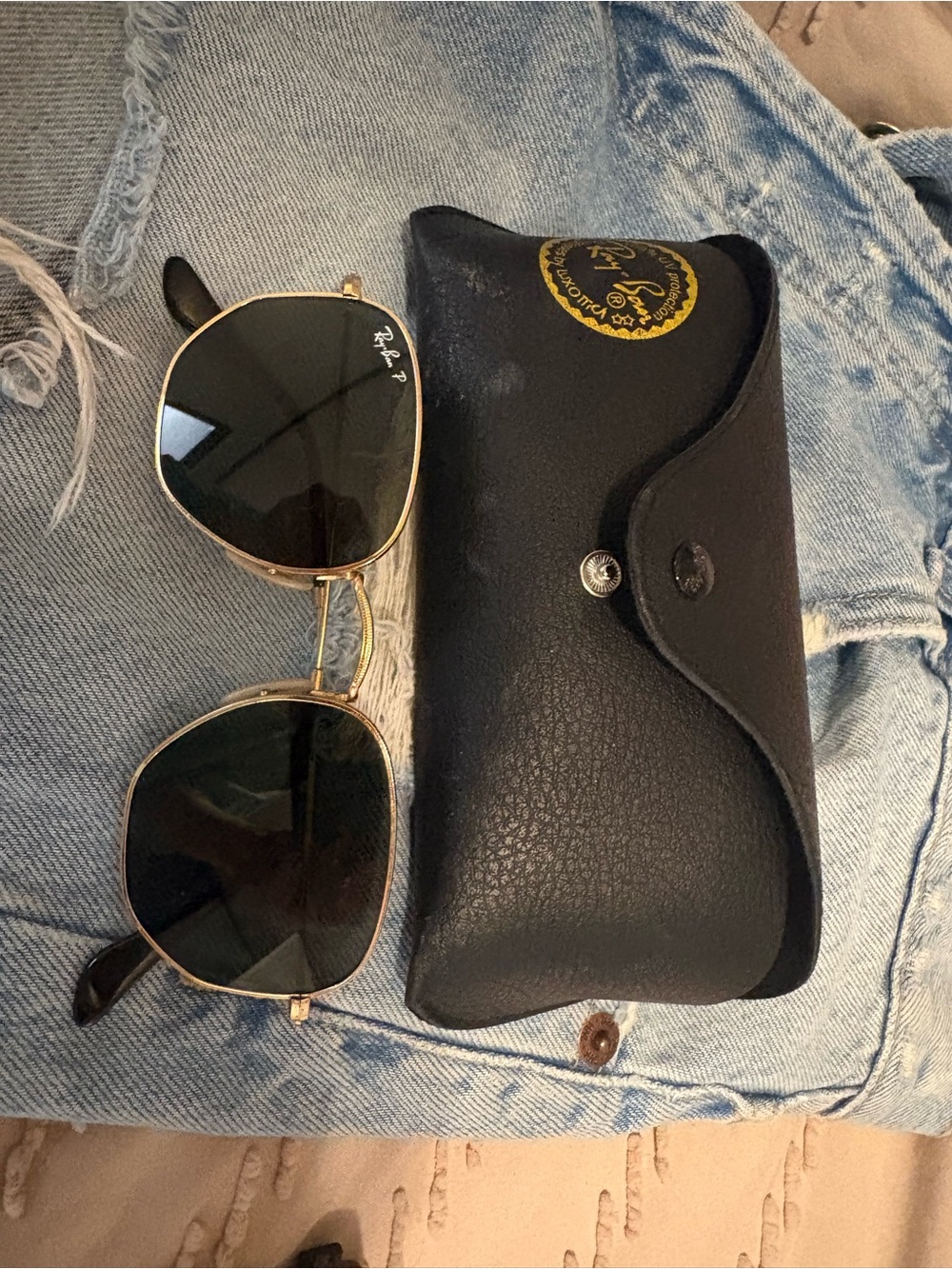 Ray-Ban Gold Frame Sunglasses with Black Lenses and Black Case